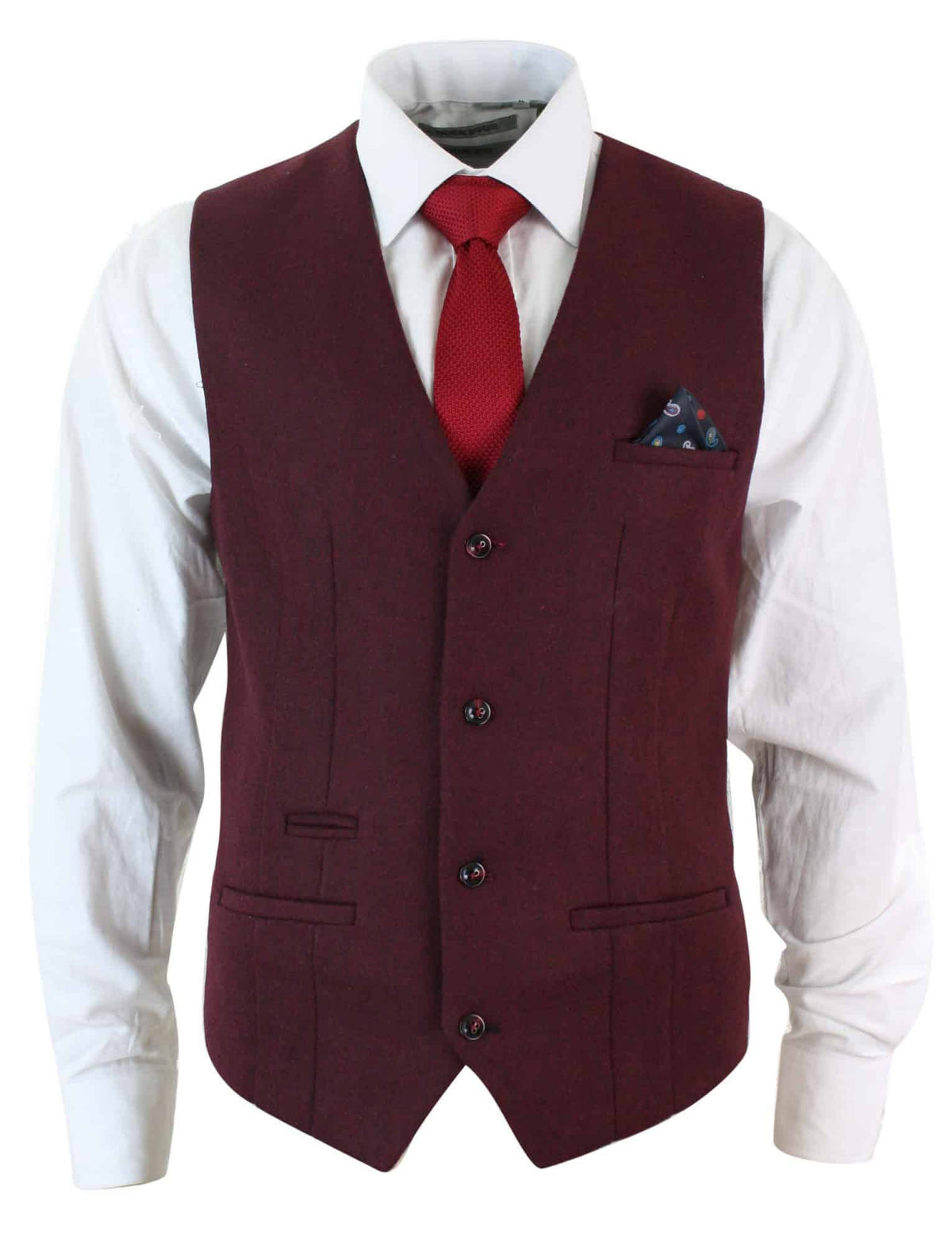 Marc Darcy Len Mati - Herr Slim Fit Vinröd Rödbrun Svart Fiskbensmönstrad Tweed Vintage Retro Väst