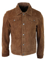 Herrjacka i äkta mocka, läder, jeans, denimshorts, herr, biker, klassisk vintage, brun