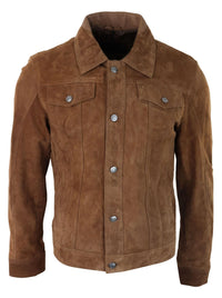 Herrjacka i äkta mocka, läder, jeans, denimshorts, herr, biker, klassisk vintage, brun