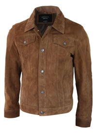 Herrjacka i äkta mocka, läder, jeans, denimshorts, herr, biker, klassisk vintage, brun