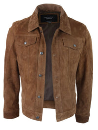 Herrjacka i äkta mocka, läder, jeans, denimshorts, herr, biker, klassisk vintage, brun