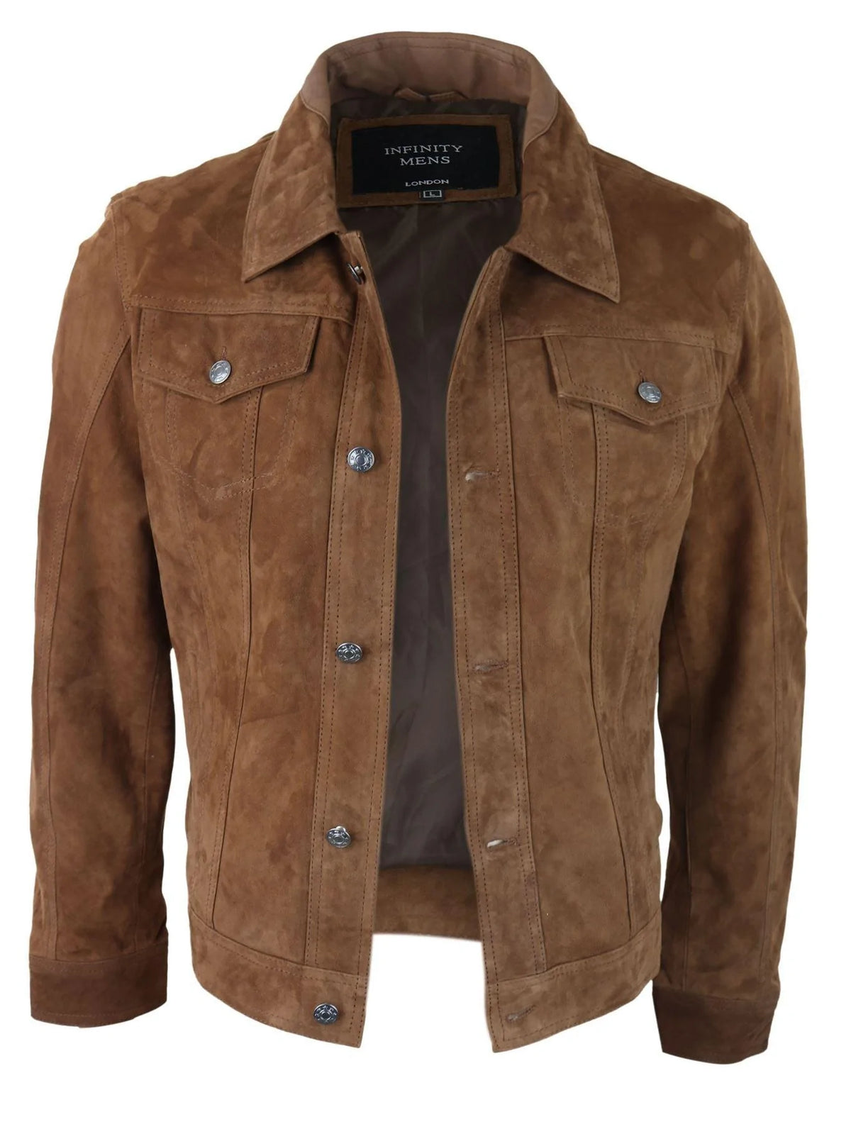 Herrjacka i äkta mocka, läder, jeans, denimshorts, herr, biker, klassisk vintage, brun