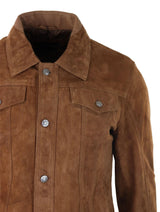 Herrjacka i äkta mocka, läder, jeans, denimshorts, herr, biker, klassisk vintage, brun