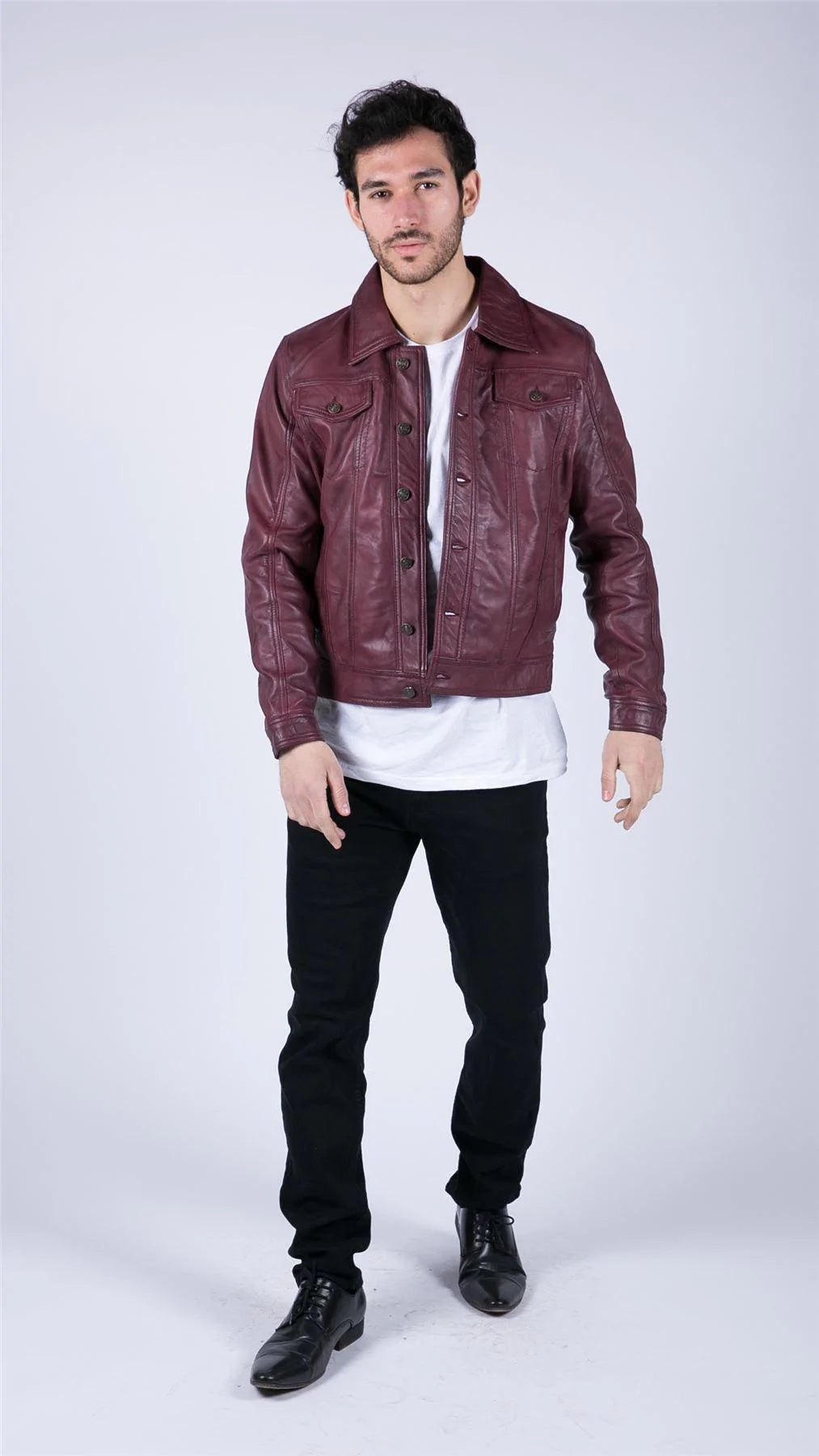 Herrskjortjacka i äkta läder, vinröd, retro, jeansstil, klassisk Brando