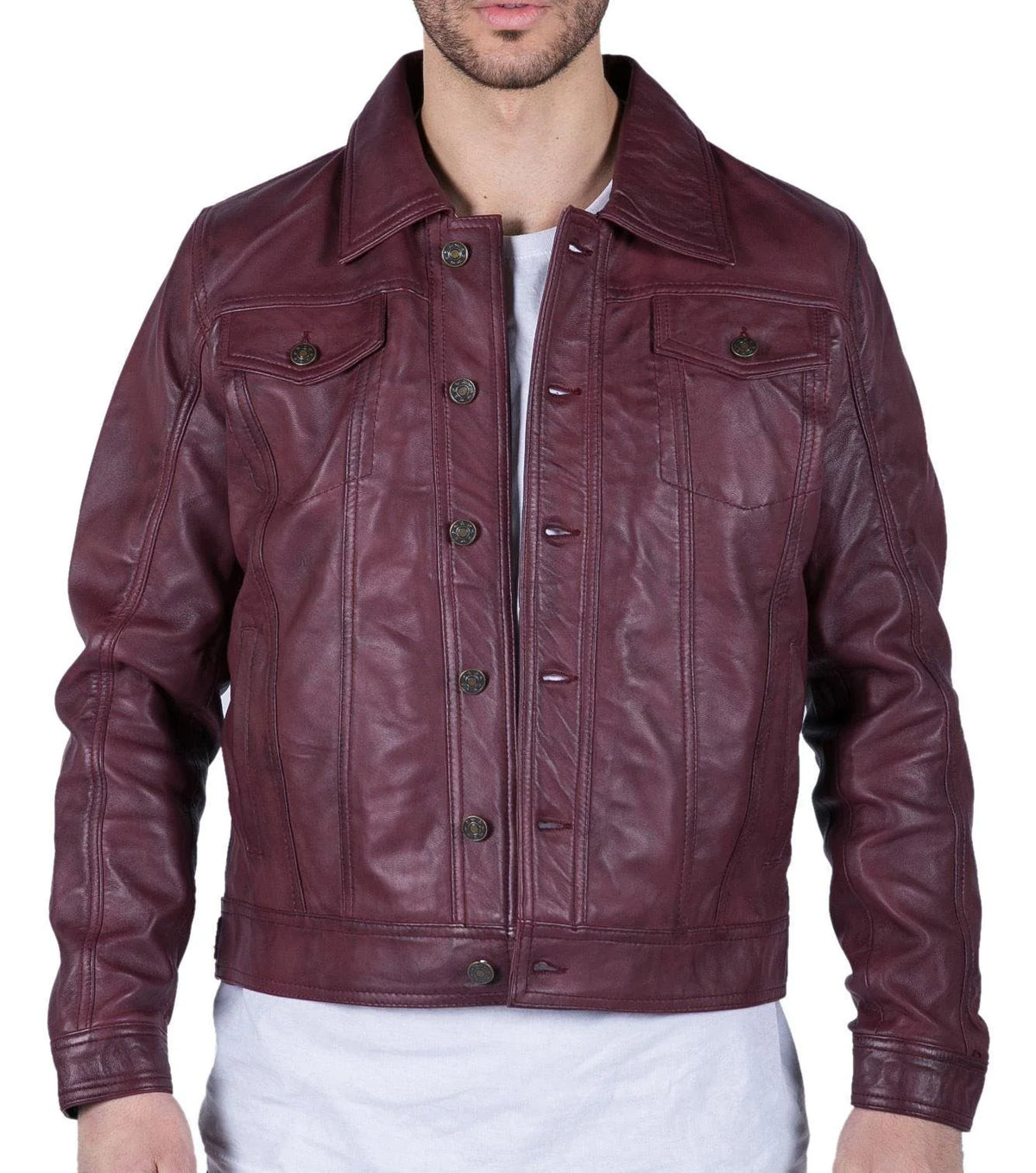 Herrskjortjacka i äkta läder, vinröd, retro, jeansstil, klassisk Brando