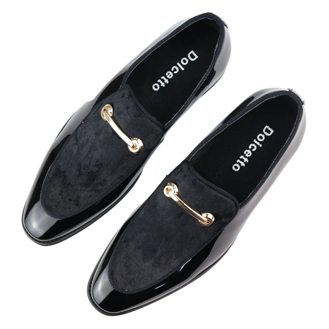 Herrmockasiner i läder, svart fodrad, slip-on, sammet, eleganta formella skor