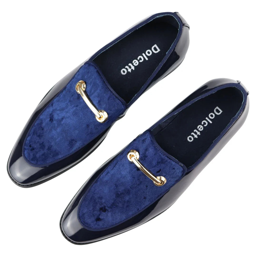 Herrmockasiner i läder, blåfodrad, slip-on, sammet, eleganta formella skor