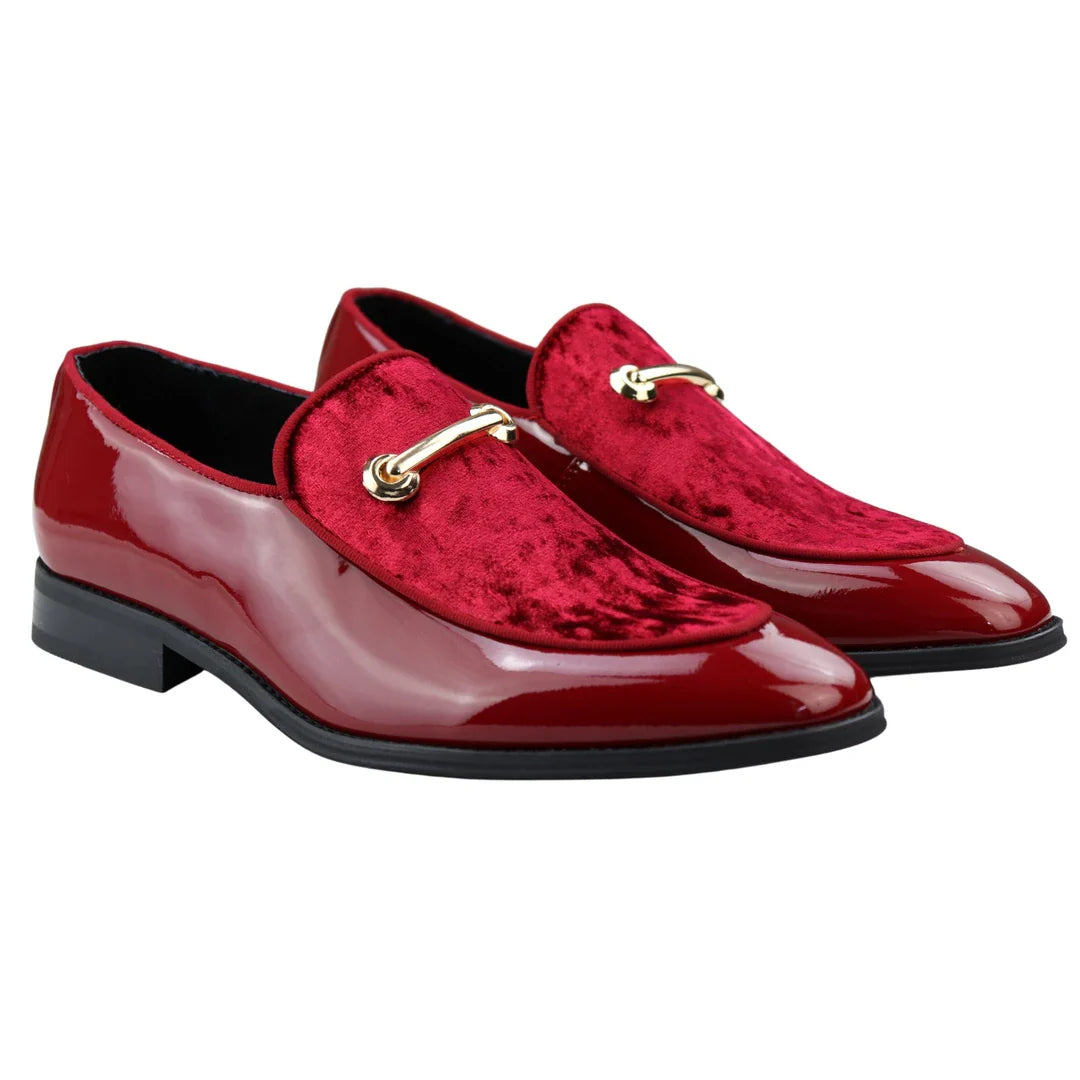 Herrmockasiner i läder, rödfodrad, slip-on, sammet, eleganta formella skor