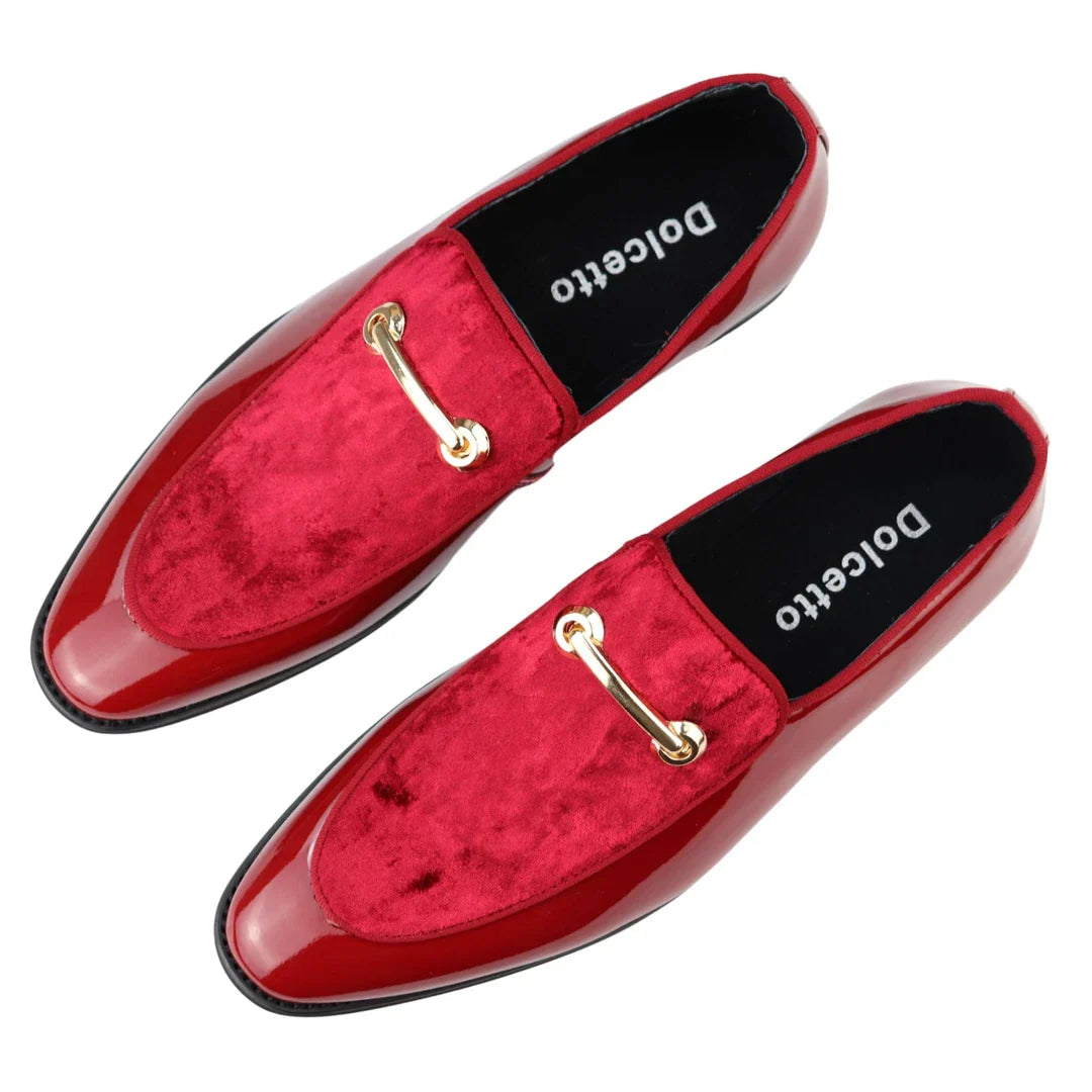 Herrmockasiner i läder, rödfodrad, slip-on, sammet, eleganta formella skor