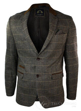 Herrrutig Vintage Fiskbensmönstrad Tweed Grå Antracitgrå Kavaj Figurnära - Brun