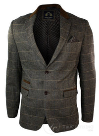 Herrrutig Vintage Fiskbensmönstrad Tweed Grå Antracitgrå Kavaj Figurnära - Brun