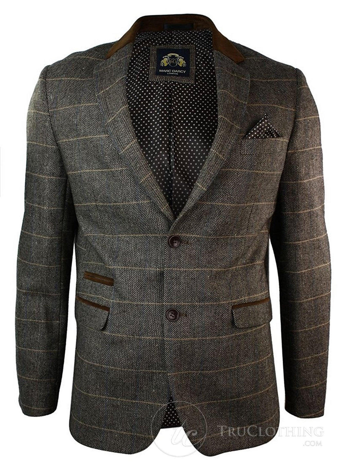 Herrrutig Vintage Fiskbensmönstrad Tweed Grå Antracitgrå Kavaj Figurnära - Brun