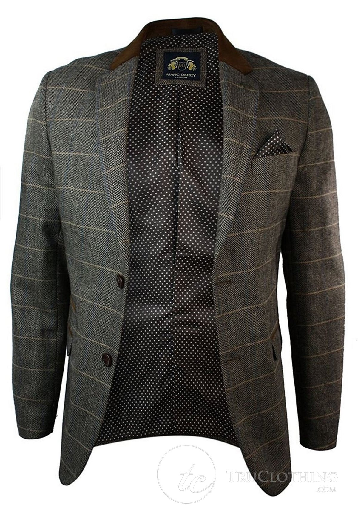 Herrrutig Vintage Fiskbensmönstrad Tweed Grå Antracitgrå Kavaj Figurnära - Brun