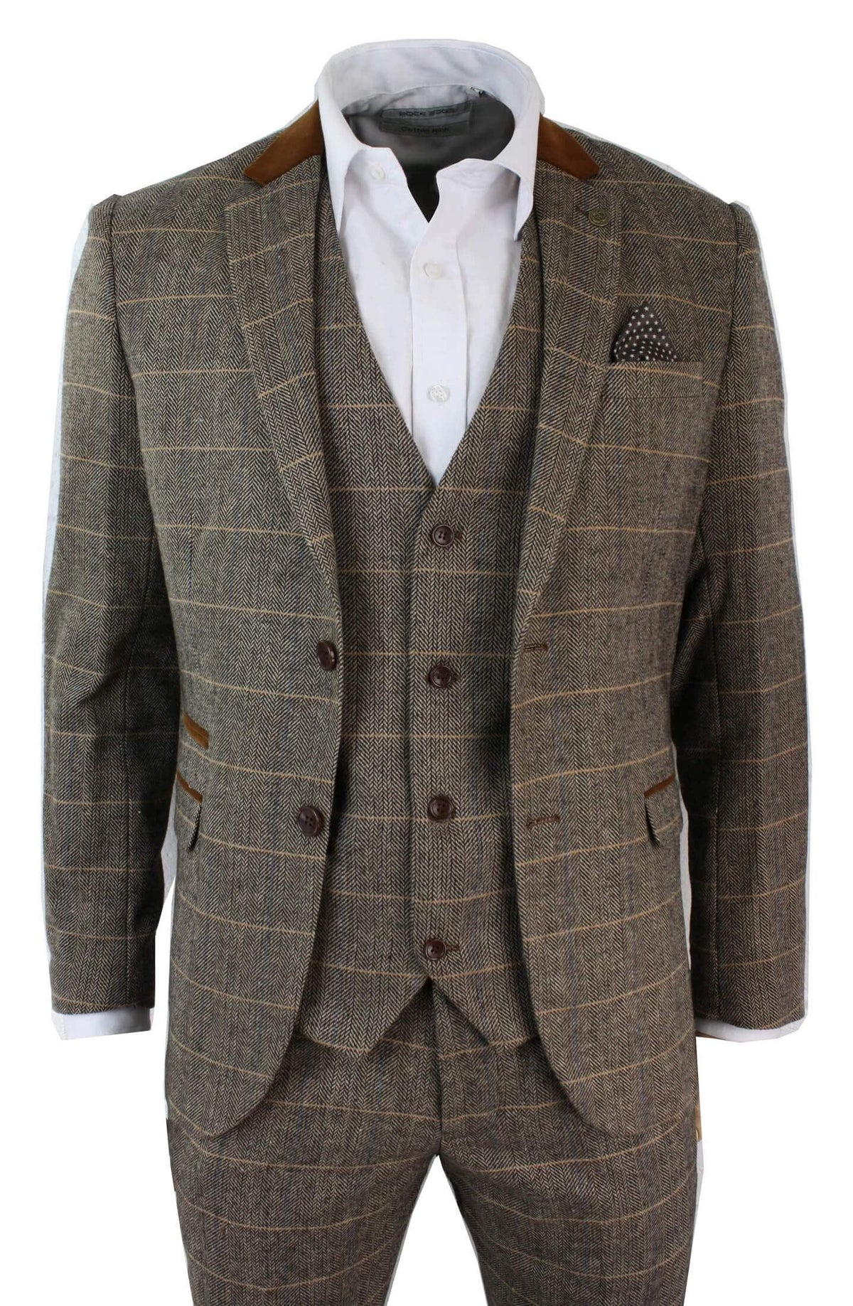 Herrrutig Vintage Fiskbensmönstrad Tweed Brun 3-delad Kostym Slim Fit Bröllop