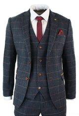 Marinblå vinrutig fiskbensmönstrad tweed i vintage-stil, 3-delad kostym i New Marc Darcy-stil