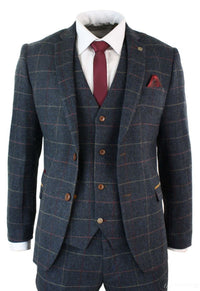 Marinblå vinrutig fiskbensmönstrad tweed i vintage-stil, 3-delad kostym i New Marc Darcy-stil