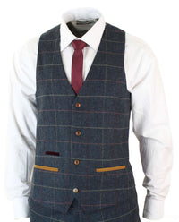 Marinblå vinrutig fiskbensmönstrad tweed i vintage-stil, 3-delad kostym i New Marc Darcy-stil