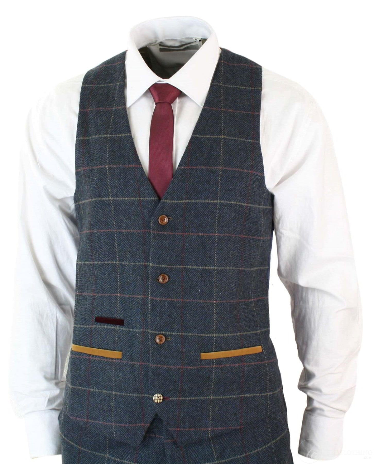 Marinblå vinrutig fiskbensmönstrad tweed i vintage-stil, 3-delad kostym i New Marc Darcy-stil