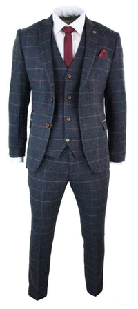 Marinblå vinrutig fiskbensmönstrad tweed i vintage-stil, 3-delad kostym i New Marc Darcy-stil
