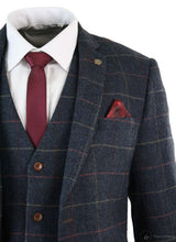 Marinblå vinrutig fiskbensmönstrad tweed i vintage-stil, 3-delad kostym i New Marc Darcy-stil