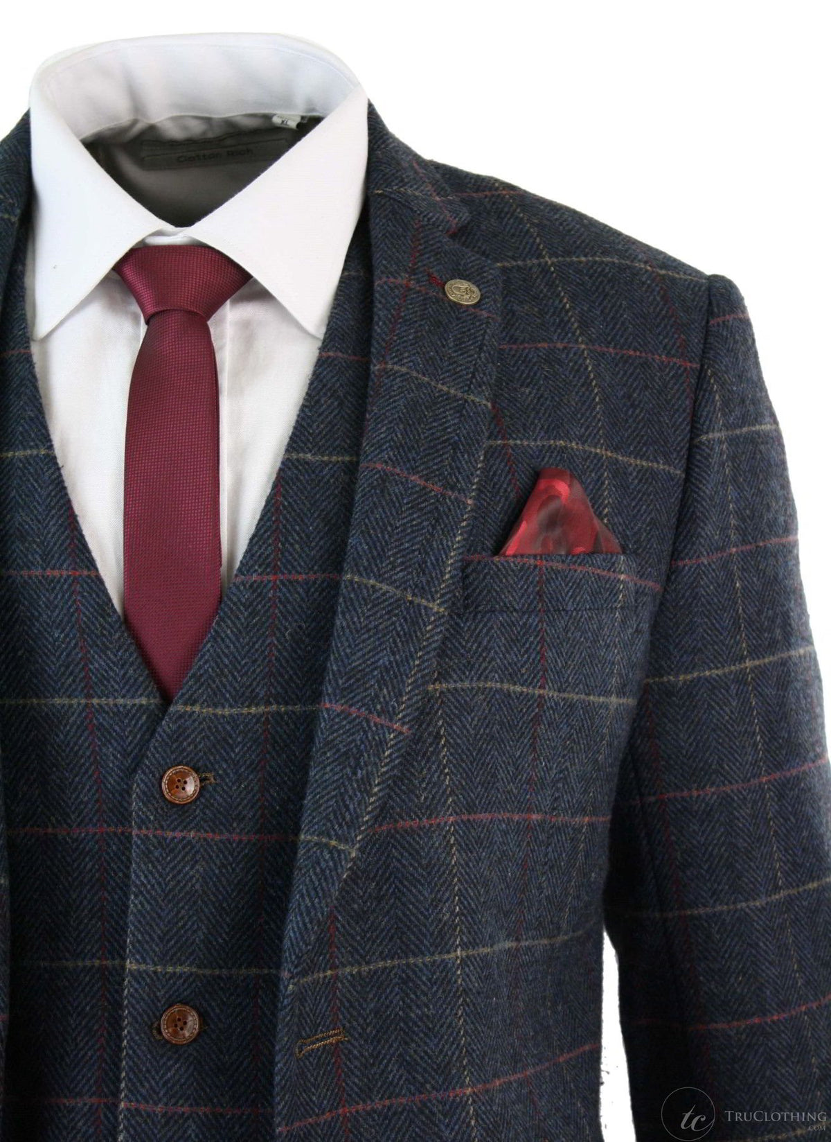 Marinblå vinrutig fiskbensmönstrad tweed i vintage-stil, 3-delad kostym i New Marc Darcy-stil