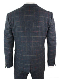 Marinblå vinrutig fiskbensmönstrad tweed i vintage-stil, 3-delad kostym i New Marc Darcy-stil
