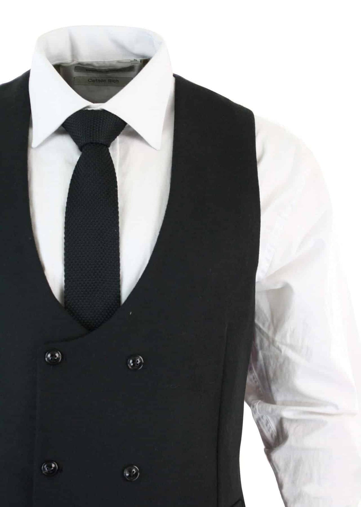 Herr Dubbelknäppt Filt Tweed Vintage Retro Klassisk Väst Slim Fit Fiskbensmönstrad-Melton DBC Svart