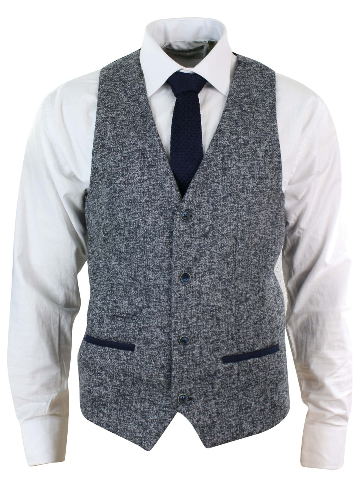 Herr Grå Blå Fiskbensmönstrad Tweed Slim Fit Grov Väst Kavaj Smart Casual