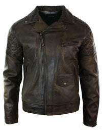 Äkta Läder Vintage Tvättad Brun Svart Vinröd Blå Timber Herr Bikerjacka Cross Zip Retro Casual-Brun