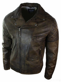 Äkta Läder Vintage Tvättad Brun Svart Vinröd Blå Timber Herr Bikerjacka Cross Zip Retro Casual-Brun