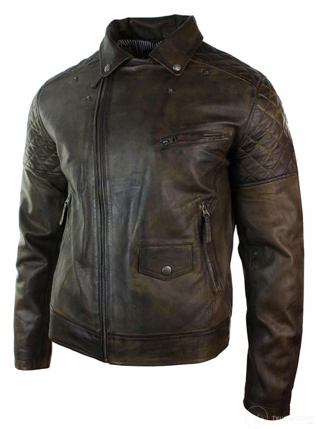 Äkta Läder Vintage Tvättad Brun Svart Vinröd Blå Timber Herr Bikerjacka Cross Zip Retro Casual-Brun