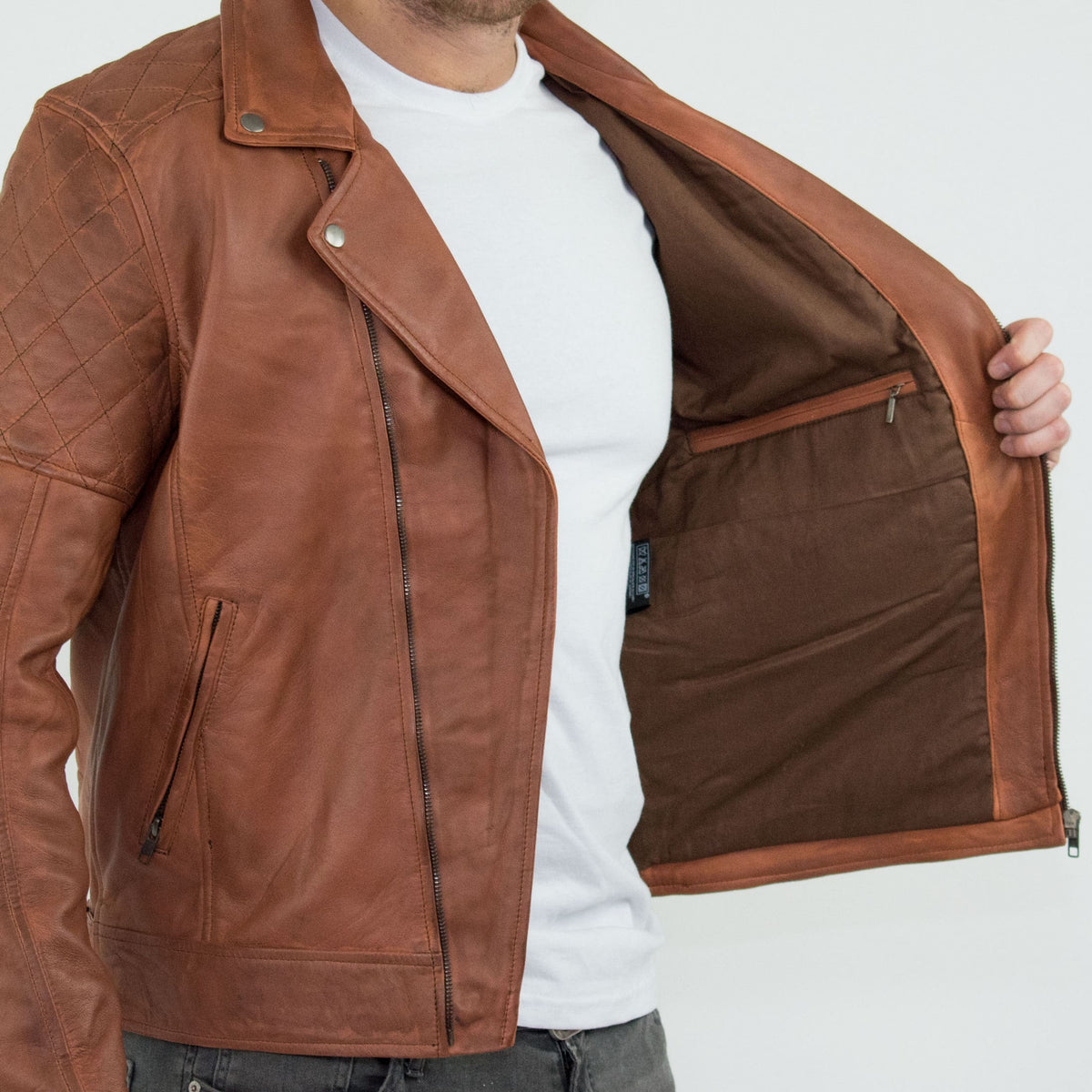 Äkta Läder Vintage Tvättad Brun Timber Herr Bikerjacka Cross Zip Retro Casual-Nevada Timber