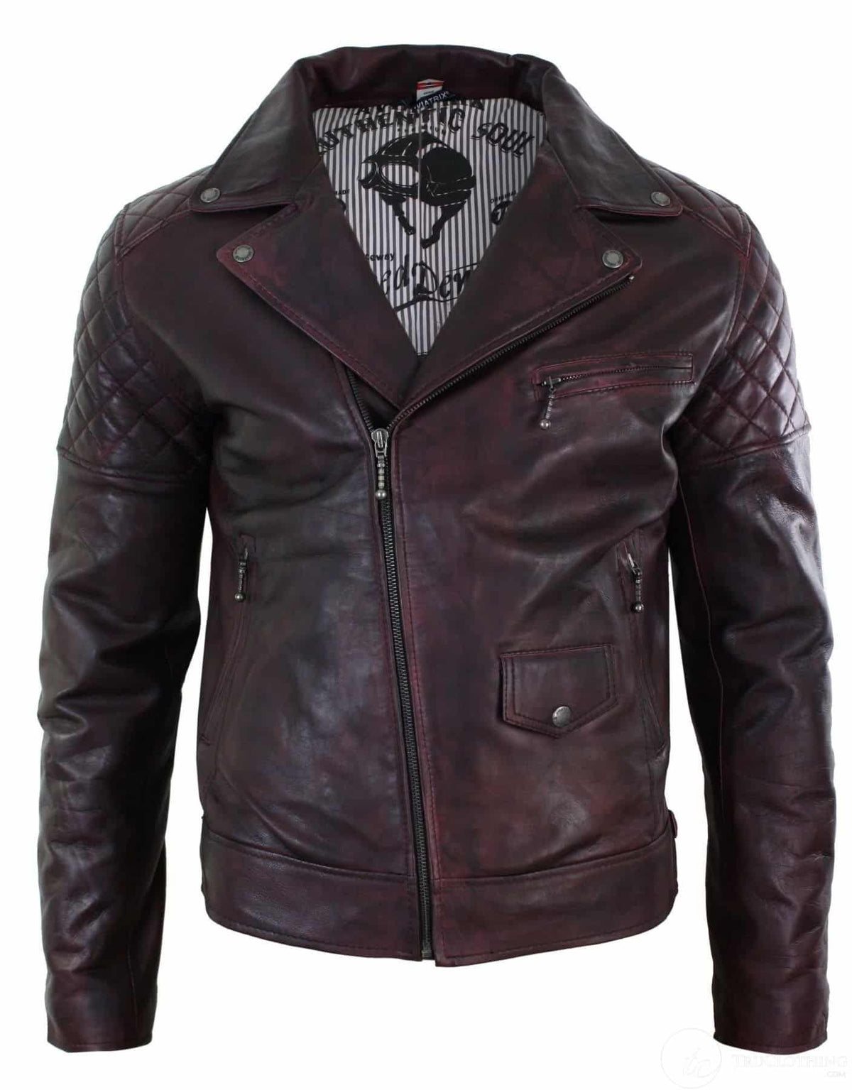 Äkta Läder Vintage Tvättad Brun Svart Vinröd Blå Timber Herr Bikerjacka Cross Zip Retro Casual-Pepsi Vinröd