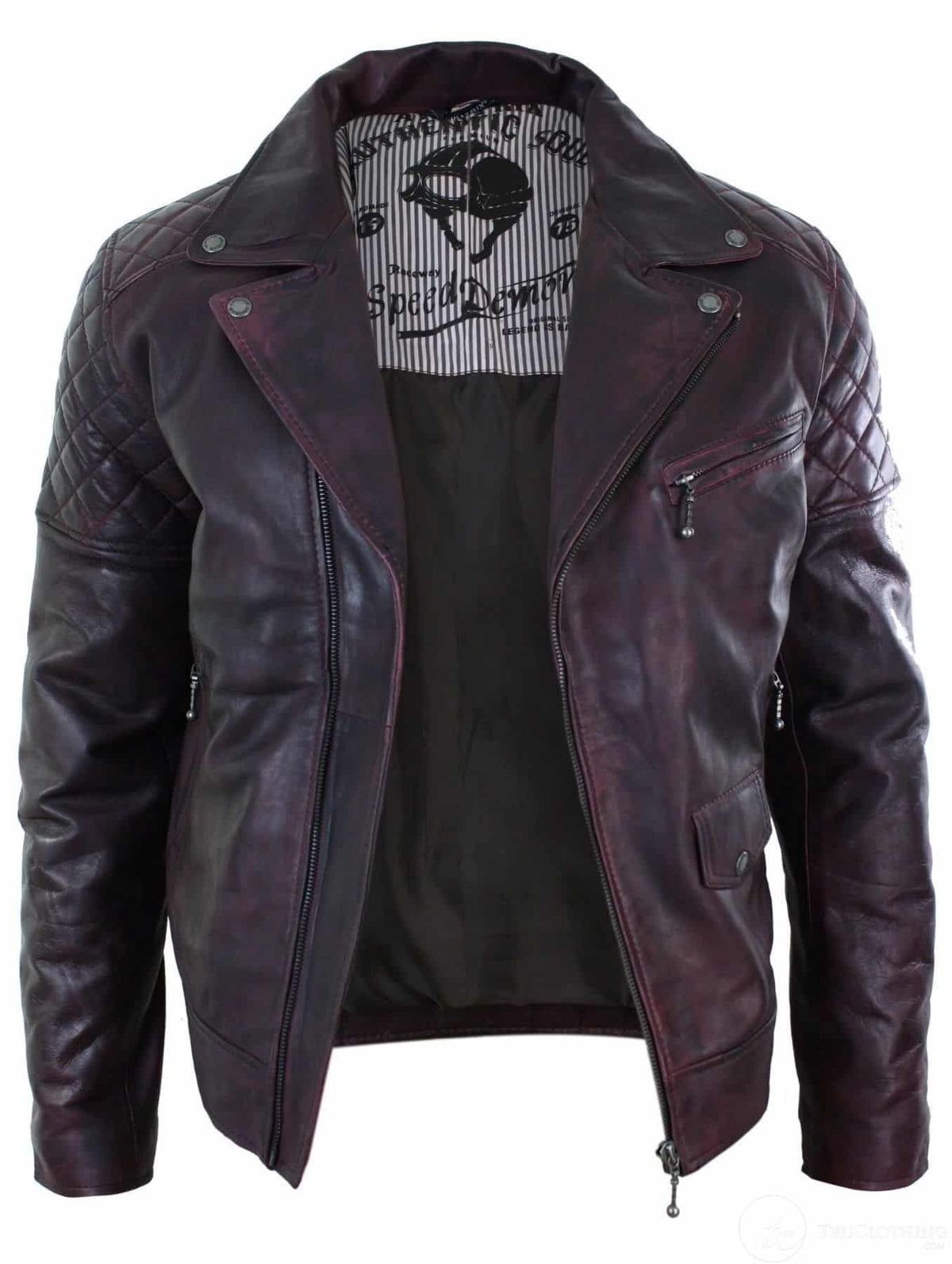 Äkta Läder Vintage Tvättad Brun Svart Vinröd Blå Timber Herr Bikerjacka Cross Zip Retro Casual-Pepsi Vinröd