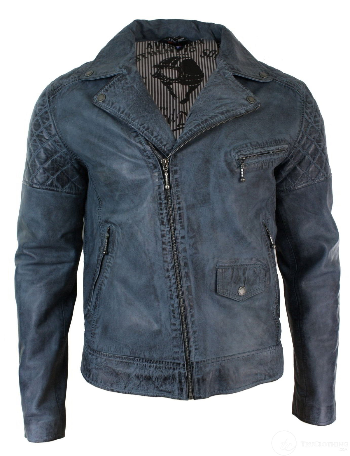 Äkta Läder Vintage Tvättad Biker Herrjacka Cross Zip Retro Casual - Blå Färg