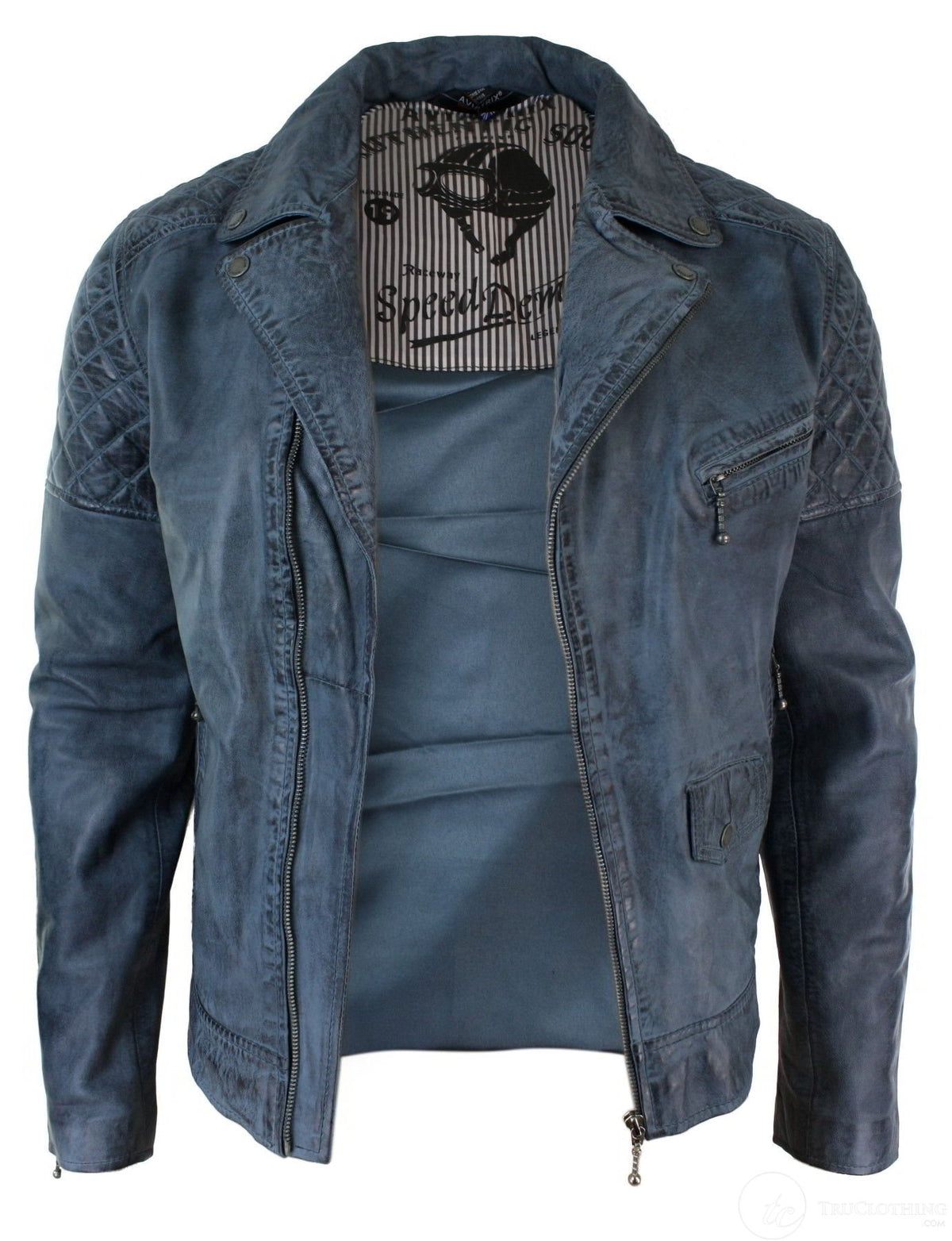 Äkta Läder Vintage Tvättad Biker Herrjacka Cross Zip Retro Casual - Blå Färg