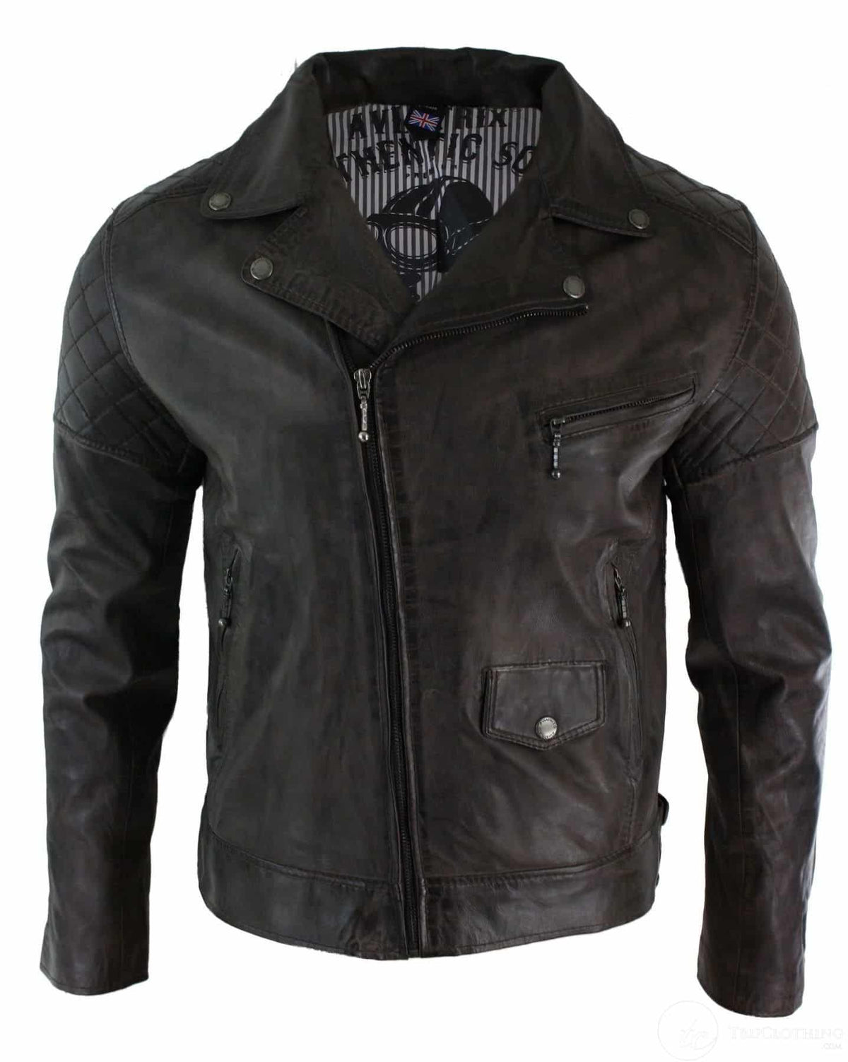 Äkta läder Vintage tvättad brun svart vinröd blå Timber Biker herrjacka med korsad dragkedja Retro Casual-Zulu brun