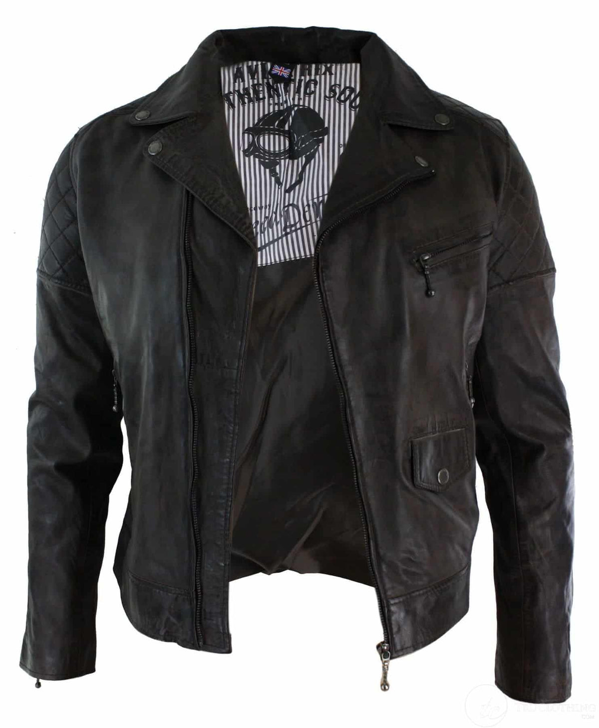 Äkta läder Vintage tvättad brun svart vinröd blå Timber Biker herrjacka med korsad dragkedja Retro Casual-Zulu brun