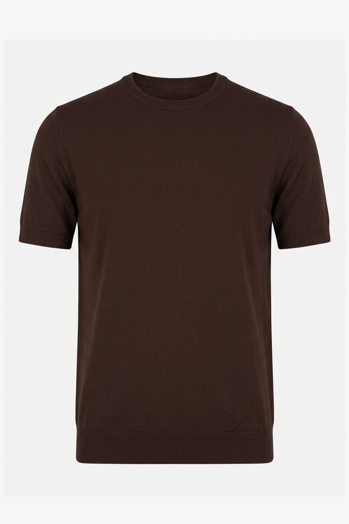 Herr Brun Stickad T-shirt Normal Passform Rund Hals Kortärmad Topp