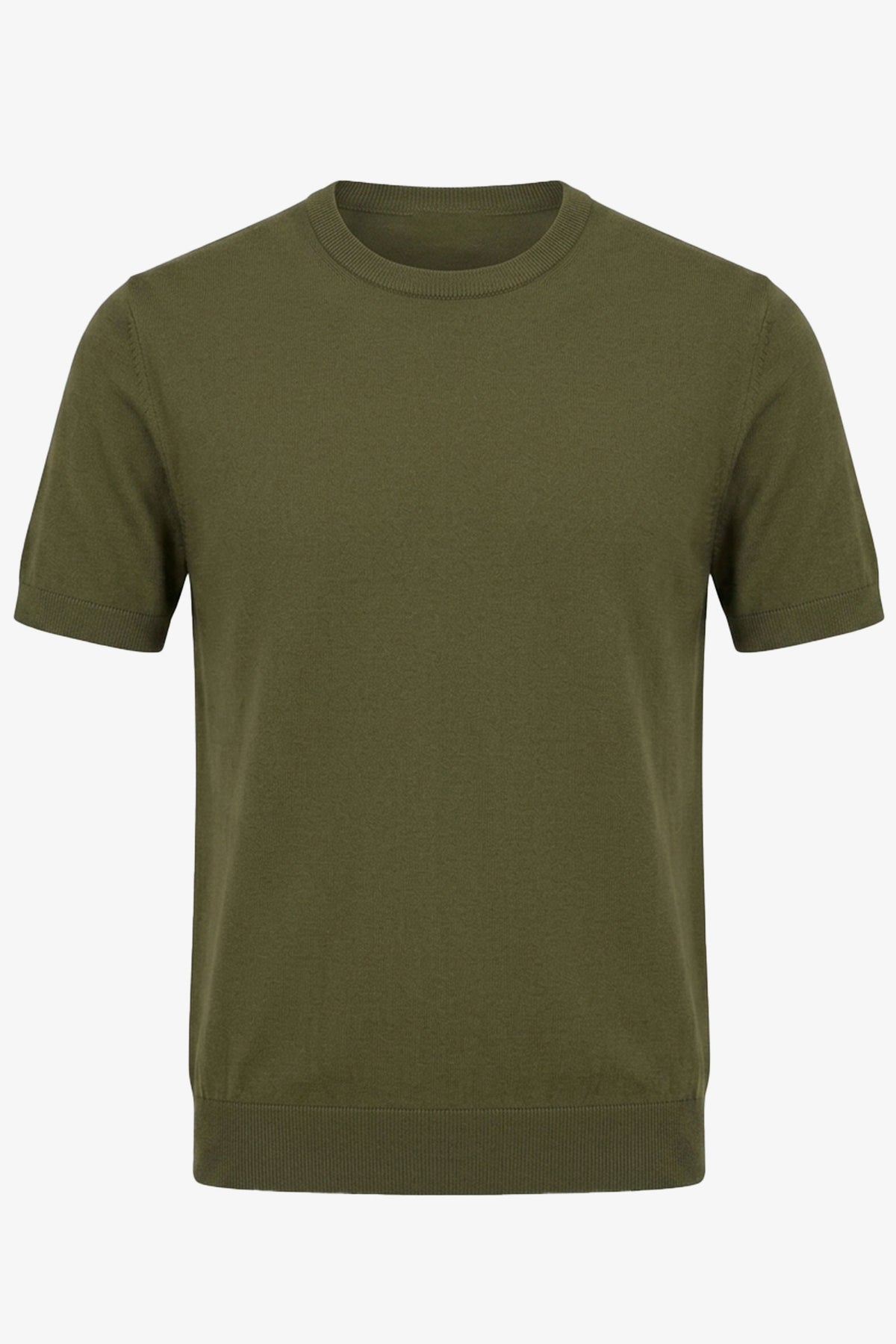 Herr olivgrön stickad t-shirt med rund hals och kort ärm, normal passform