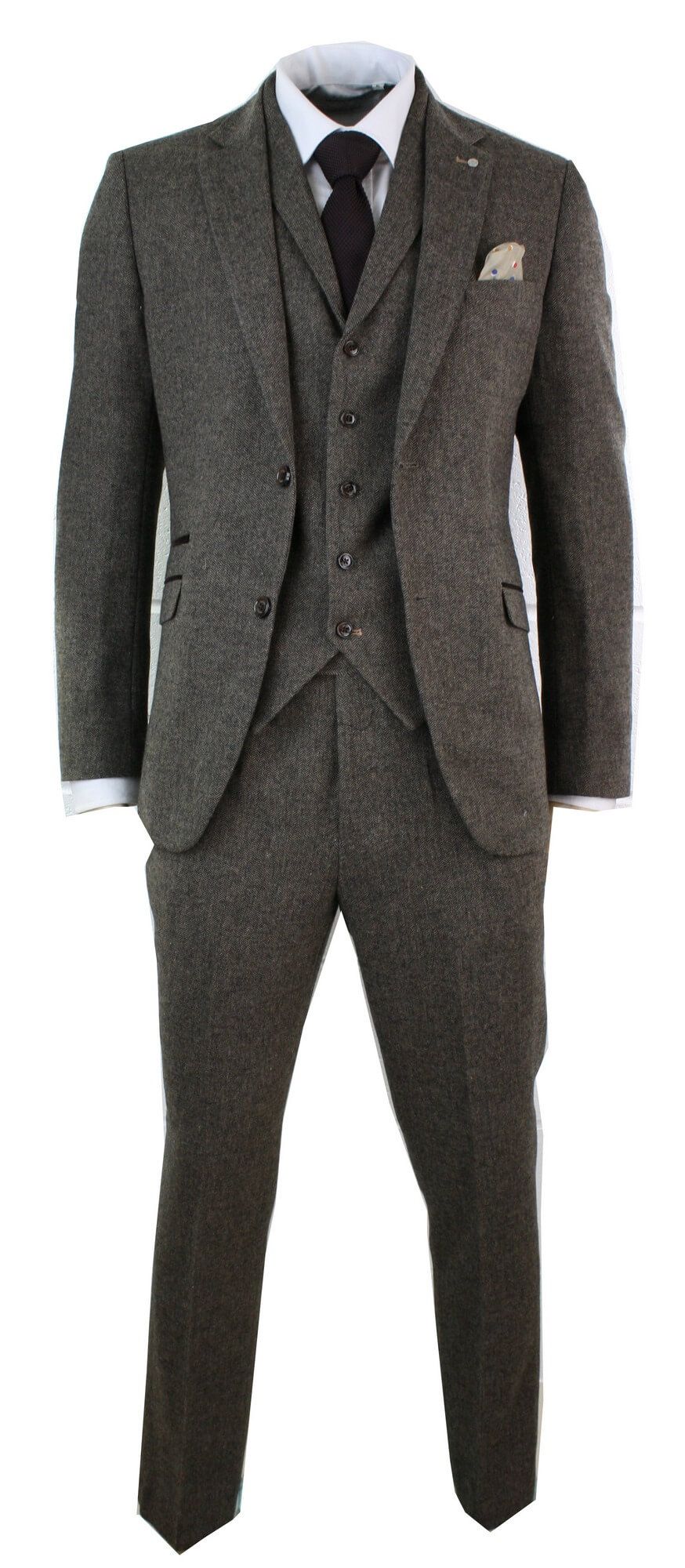 Herr 3-delad kostym i ullblandning i fiskbensmönster i tweed, brun, vintage-skrudad, brun