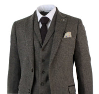 Herr 3-delad kostym i ullblandning i fiskbensmönster i tweed, brun, vintage-skrudad, brun