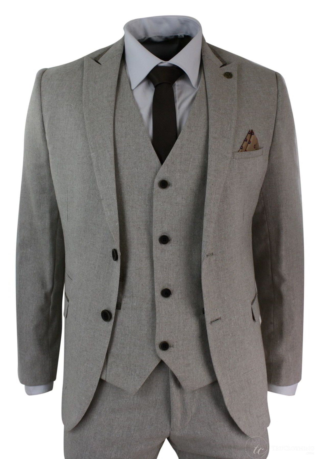 Herrkostym i tweed med fiskbensmönster, 3-delad kostym i sammetsdetaljer, klassisk vintage-modell, slim fit, beige