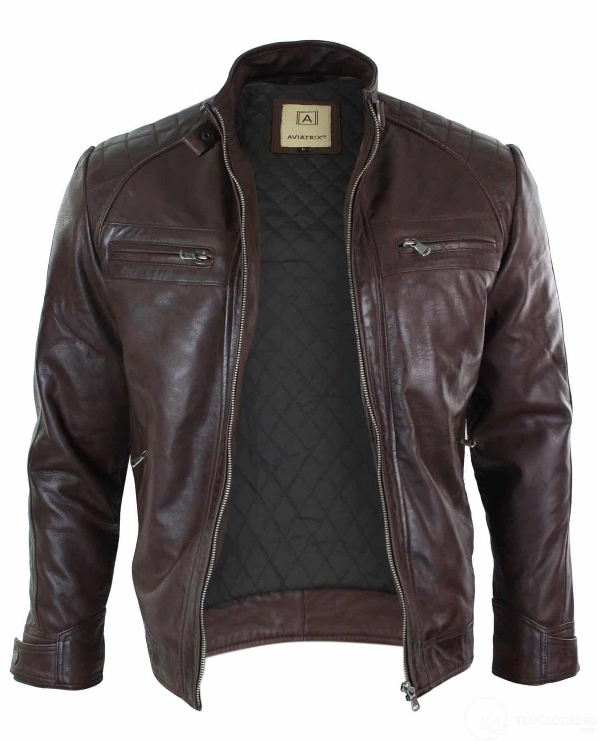 Äkta Läder Retro Style Dragkedja Herr Bikerjacka Mjuk Svart Casual-Brun