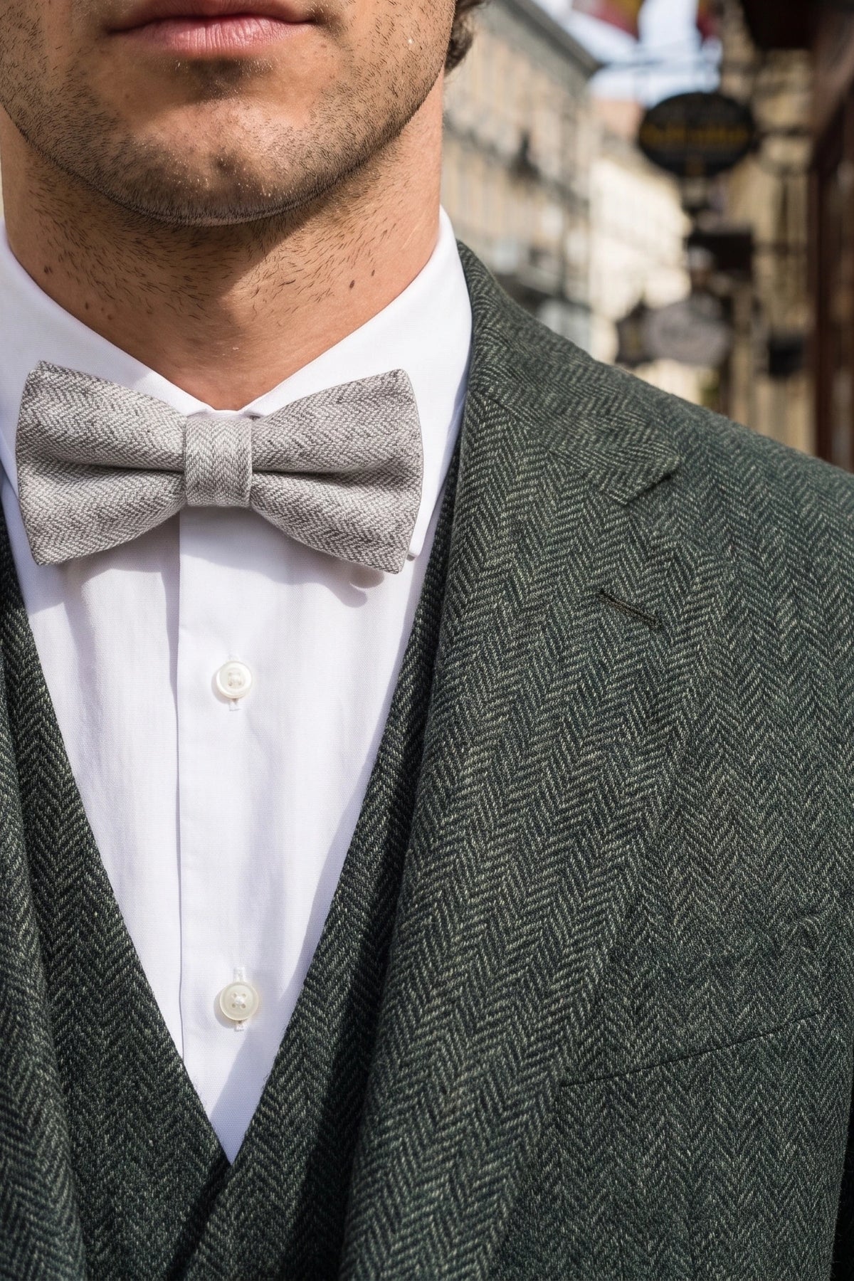 Ljusgrå fluga i tweed för män