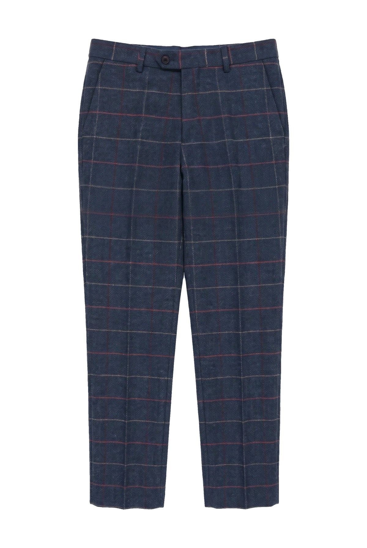 Marinblå vinröd herrbyxor i rutmönster i fiskbensmönstrad tweed i vintage-stil, Marc Darcy