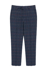 Marinblå vinröd herrbyxor i rutmönster i fiskbensmönstrad tweed i vintage-stil, Marc Darcy