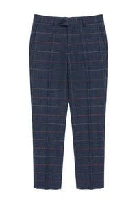 Marinblå vinröd herrbyxor i rutmönster i fiskbensmönstrad tweed i vintage-stil, Marc Darcy