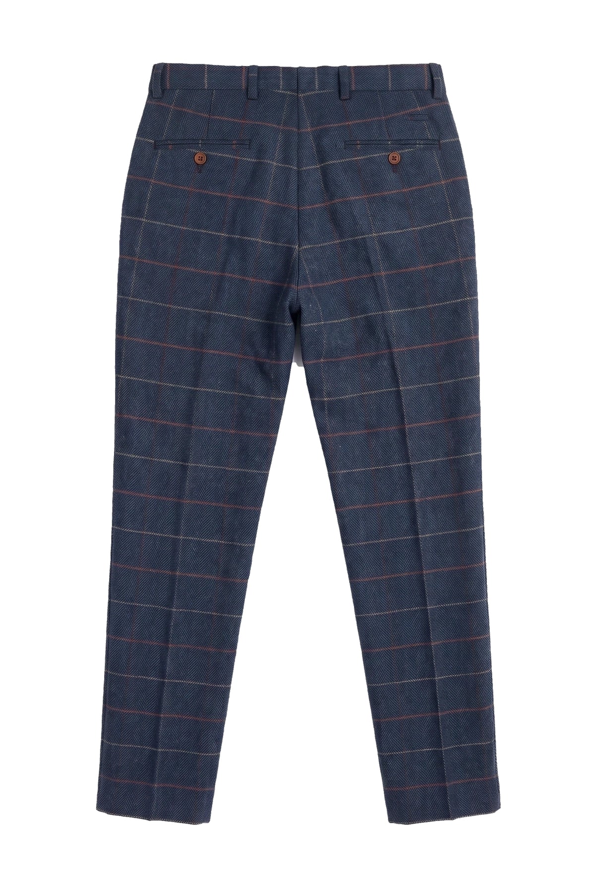 Marinblå vinröd herrbyxor i rutmönster i fiskbensmönstrad tweed i vintage-stil, Marc Darcy