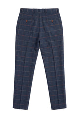 Marinblå vinröd herrbyxor i rutmönster i fiskbensmönstrad tweed i vintage-stil, Marc Darcy